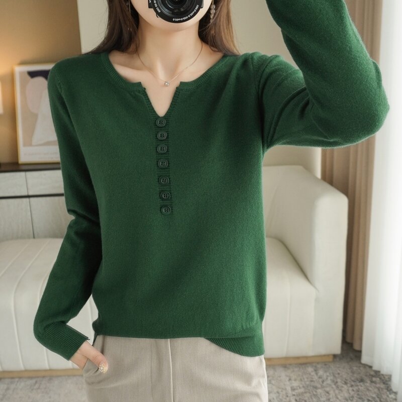 女性用長袖セーター,ゆったりとした無地のセーター,春と秋の新作コレクション,Vネック2022
