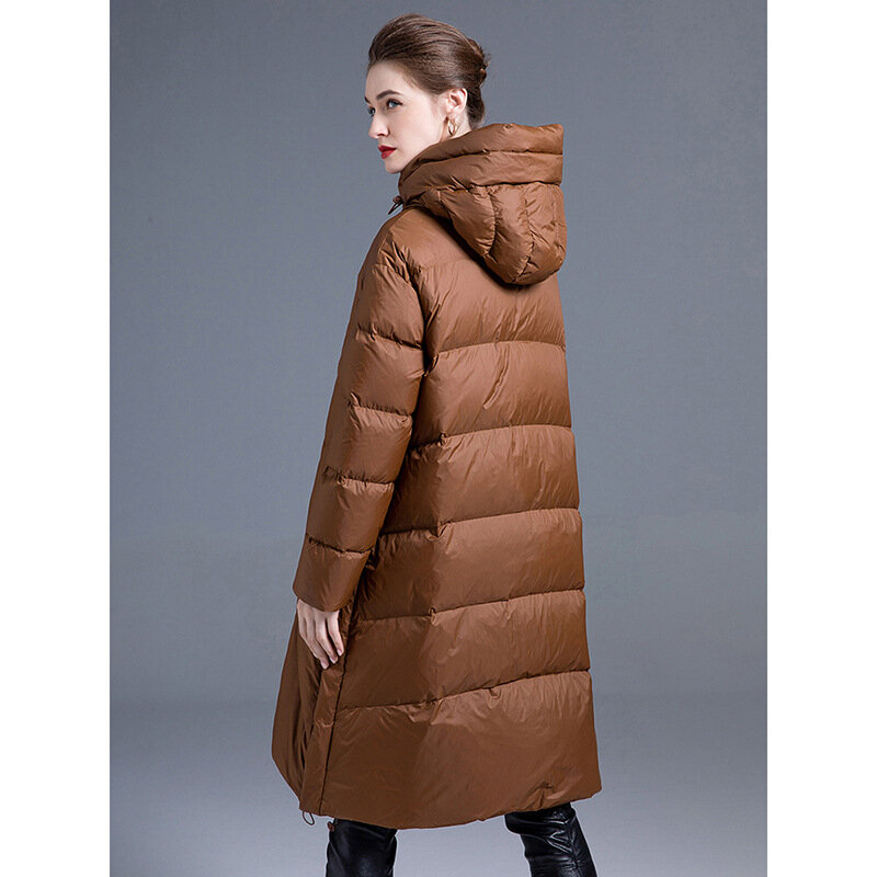2023 nowy zimowy damski płaszcz puchowy z kapturem, gruba ciepły 90% biały płaszcz z kaczego puchu moda średniej długości wysokiej klasy europejskie parki damskie