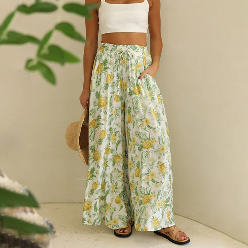กางเกงลำลองผู้หญิงวินเทจหลวมกางเกงขายาวลำลองลายดอกไม้แฟชั่นกางเกงขายาวสวยงามในฤดูร้อน