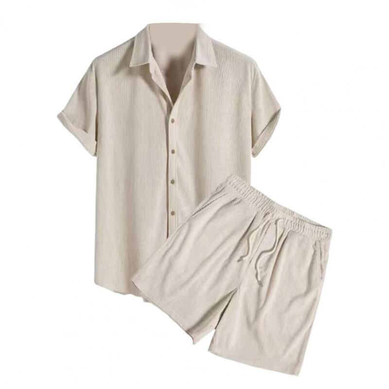 남성용 세트 라펠 셔츠, 신축성 허리 반바지 세트, 조절 가능한 드로스트링, 단색 복장, 여름 편안함