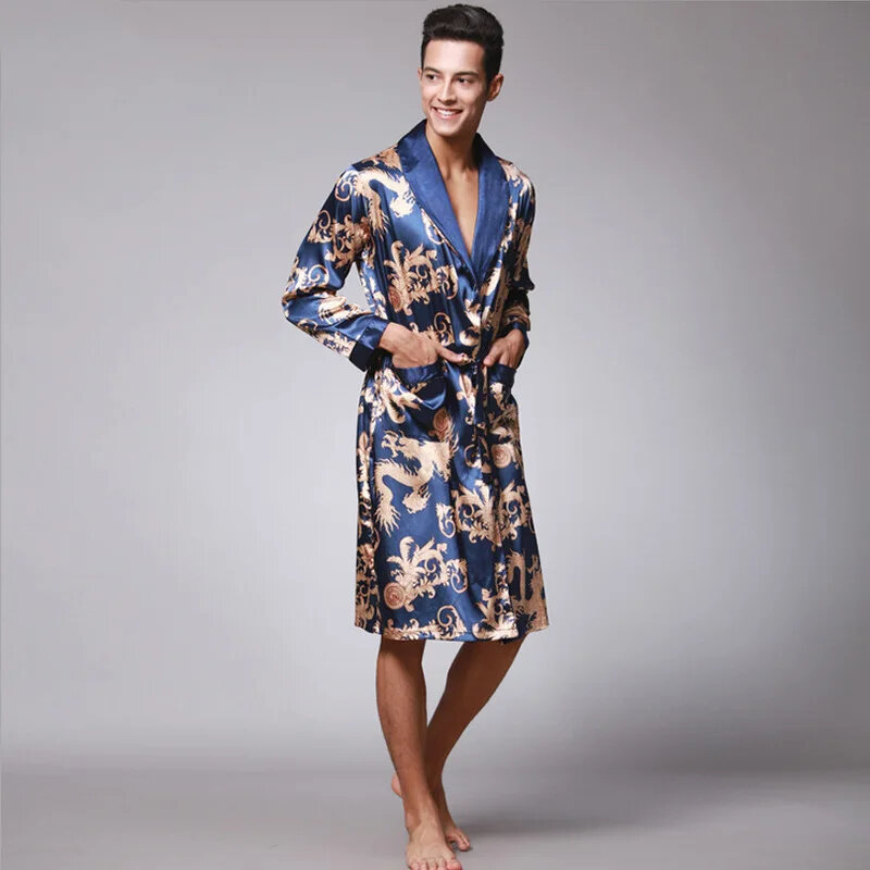Male Sleepwear Bathrobe Silk Bath Robe Gown Long Sleeve V-Neck Nightwear with Belt Pocket Autumn Men Longo Pajamas Home Clothes