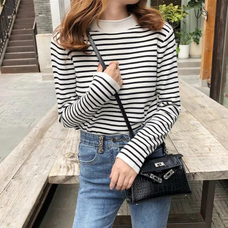 Women Fall Winter Sweater Long Sleeve Striped Print Color Matching Half High Collar Elastic Pullover Warm Lady Knitted Sweater