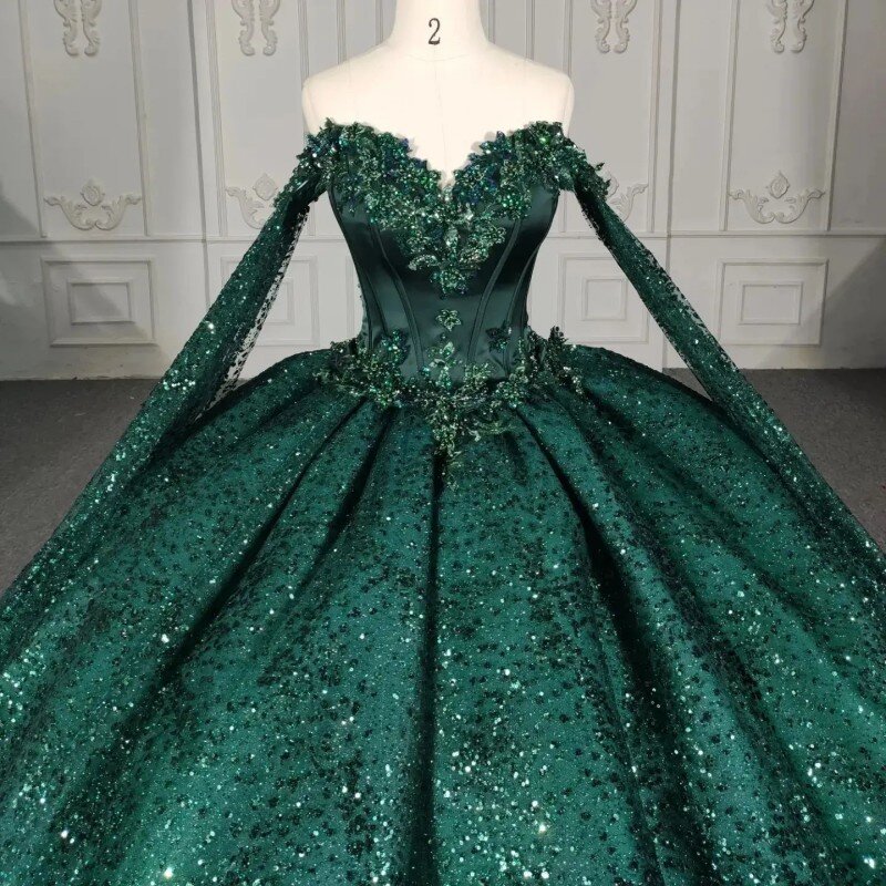 EVLAST-Robe de RhQuinceanera verte émeraude avec cape, appliques de perles en dentelle, robe de luxe, Sweet 16, TQD012
