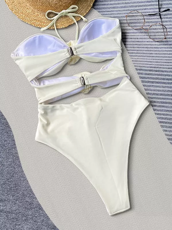 Peachtan-traje de baño de cintura alta para mujer, bañador de una pieza con cuello Halter, Bikini de realce, ropa de playa de pierna alta, 2023