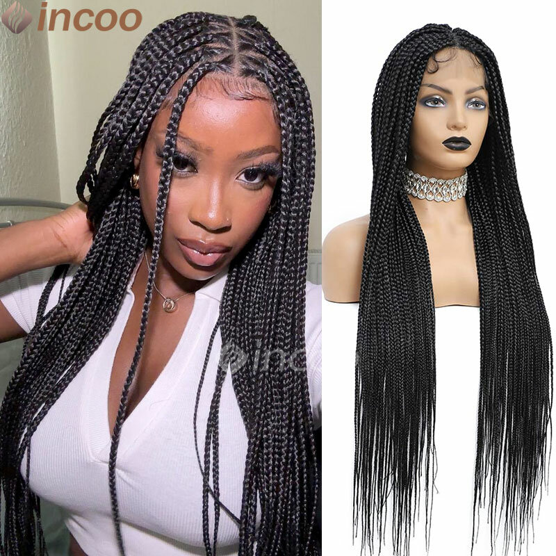 Full Lace Synthetic Braided Wigs Cornrow 36" Transparent Lace Square Knotless Box Braided Wig With Baby Hair For Black Women