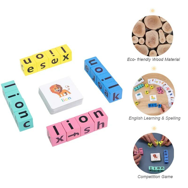 Juego de tarjetas Flash de bloque de ortografía de letras, juego de rompecabezas educativo de Aprendizaje Temprano de palabras en inglés para bebés y niños, cubo mágico