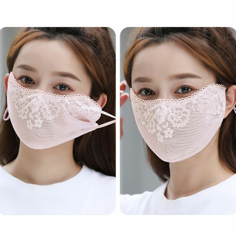 Flower Sunscreen Lace Mask Solid Color Hanging Ear Sunscreen Face Cover Adjustable Strap Breathable UV Protection Mask Hiking