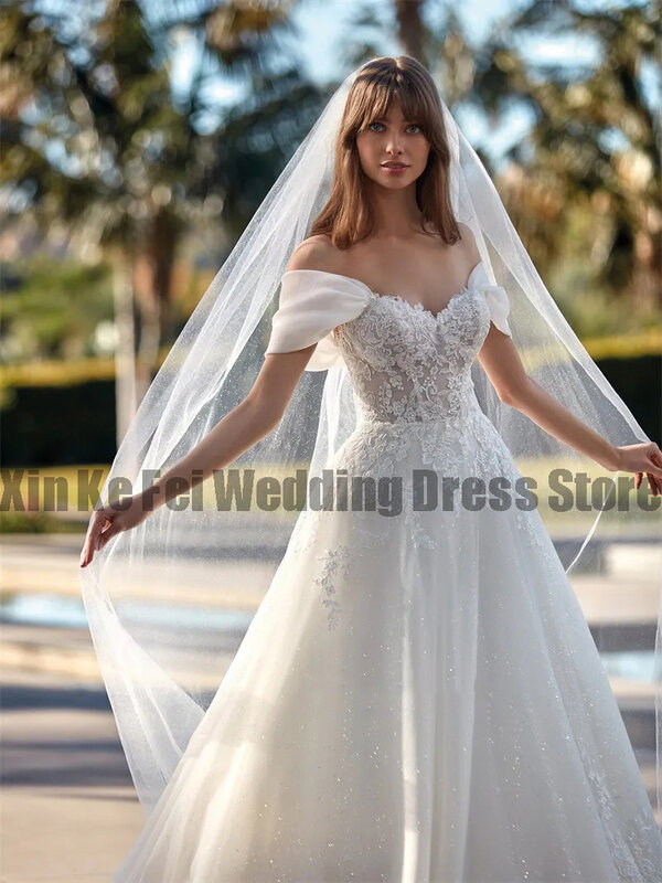 Precioso vestido de novia elegante, apliques de encaje exquisitos, hombros descubiertos, Sexy, sin espalda, esponjoso, estilo princesa