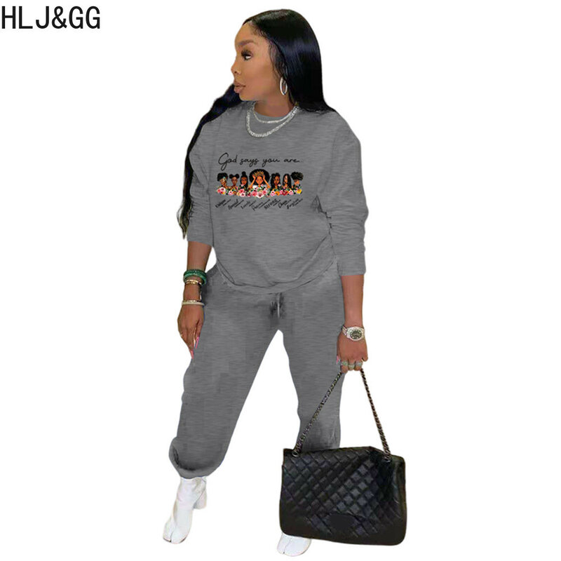 HLJ&GG Gray Women Pattern Printing Tracksuits Casual Round Neck Long Sleeve Pullover + Jogger Pants Two Piece Sets Outfits 2023