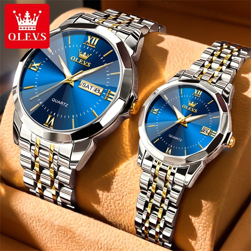 OLEVS NEW Couple Watches for Men Women Prismatic Mirror Stainless steel Lover's Quartz Watches Hers and His Wristwatch Set Gift