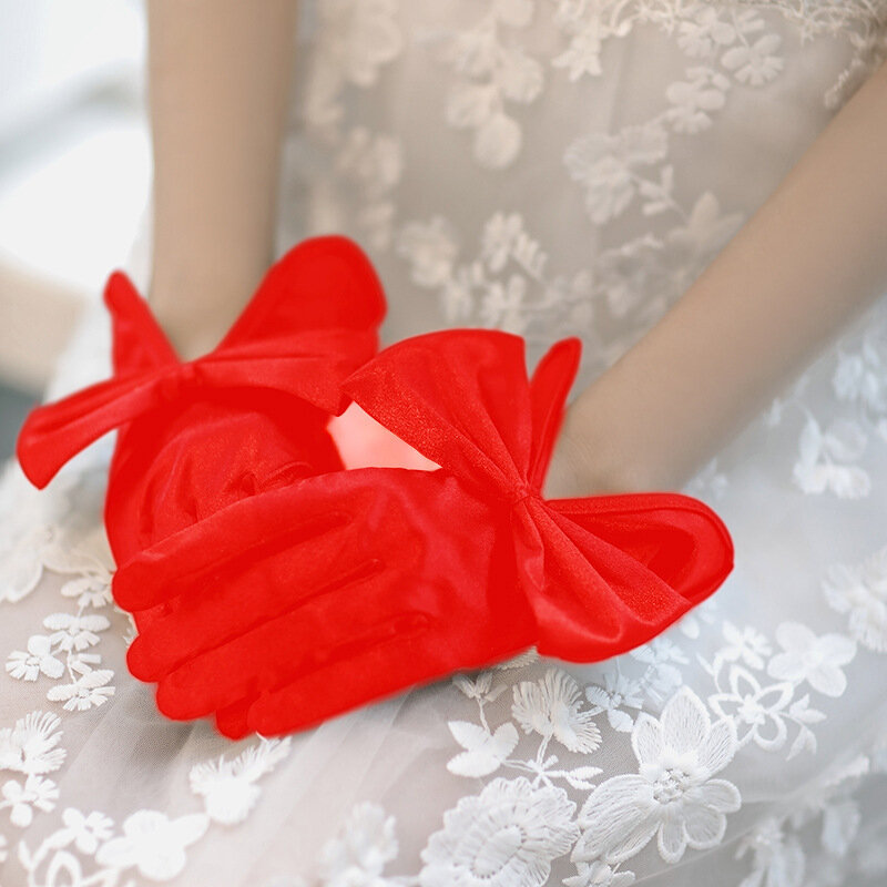 Women Satin Bow Thin Retro Style Etiquette Gloves Dinner Party Stage Performance Skirt Accessories