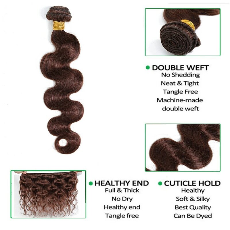 Tissage en Lot Brésilien Remy Body Wave 100% Naturel Brun #4 pour Femme, Extensions de Cheveux Humains, 1/2 Pièces