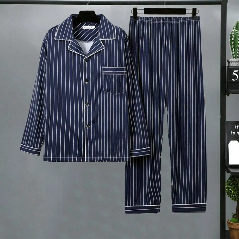 Single-breasted Pajama Set Striped Plaid Print Men's Fall Winter Pajamas Set with Color Matching Lapel for Homewear