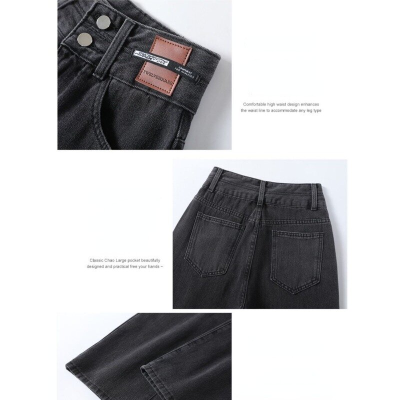 2023 nowe wiosenne jesienne czarne spodnie dżinsowe damskie proste rękawy luźne nogi wysokiej wyszczuplająca talia odzież jeansowa w dużych rozmiarach
