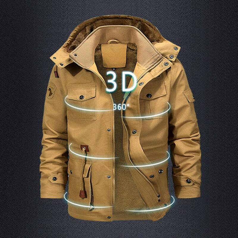 Winter Men Parkas Solid Color Detachable Hooded Jacket Coat Fleece Lining Stand Collar Long Sleeve Multi Pockets Outwear