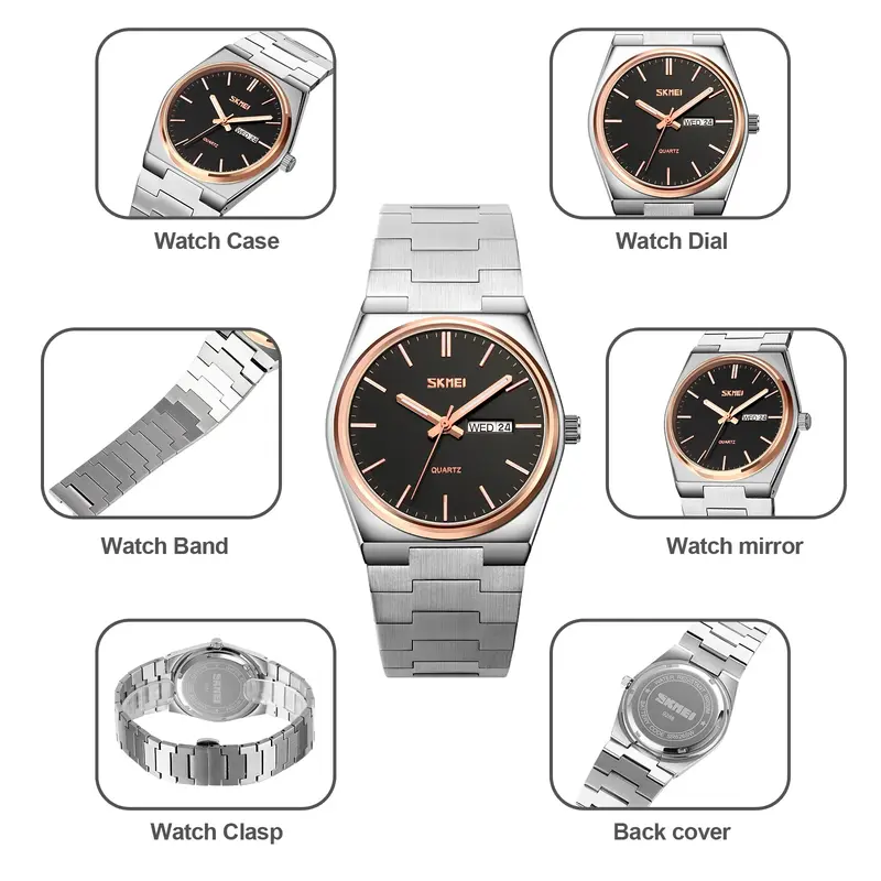 SKMEI 9288 Casual zegarek kwarcowy męski zegar męski stalowy czas tydzień data sportowe wodoodporne biznesowe zegarki na rękę mężczyźni Reloj Hombre