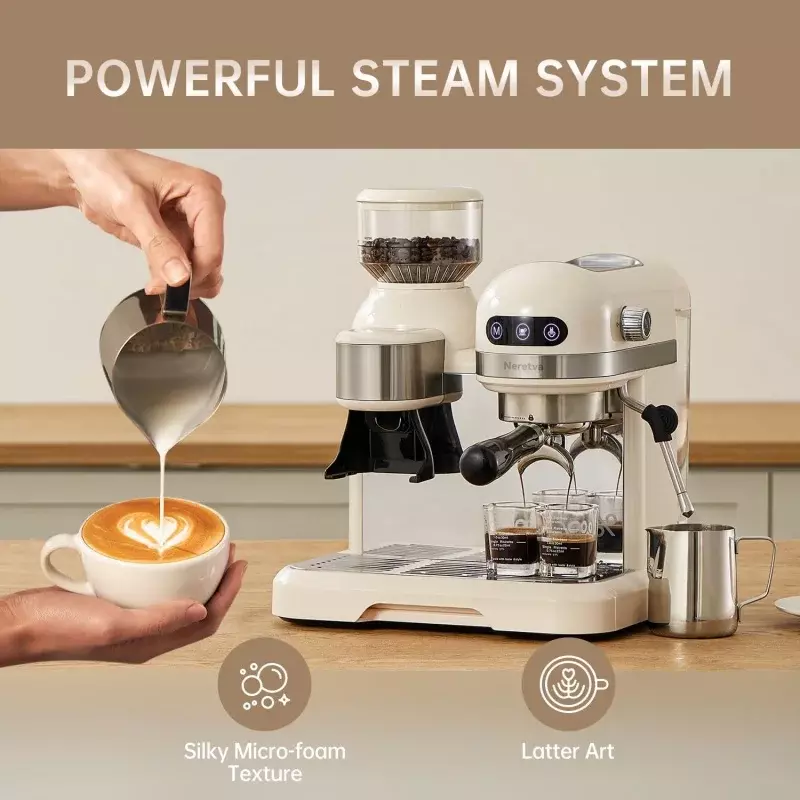 Neretva 20 Bar Espresso Coffee Machine with Grinder Steam Wand for Latte Espresso and Cappuccino, 58MM Portafilter Espresso Make