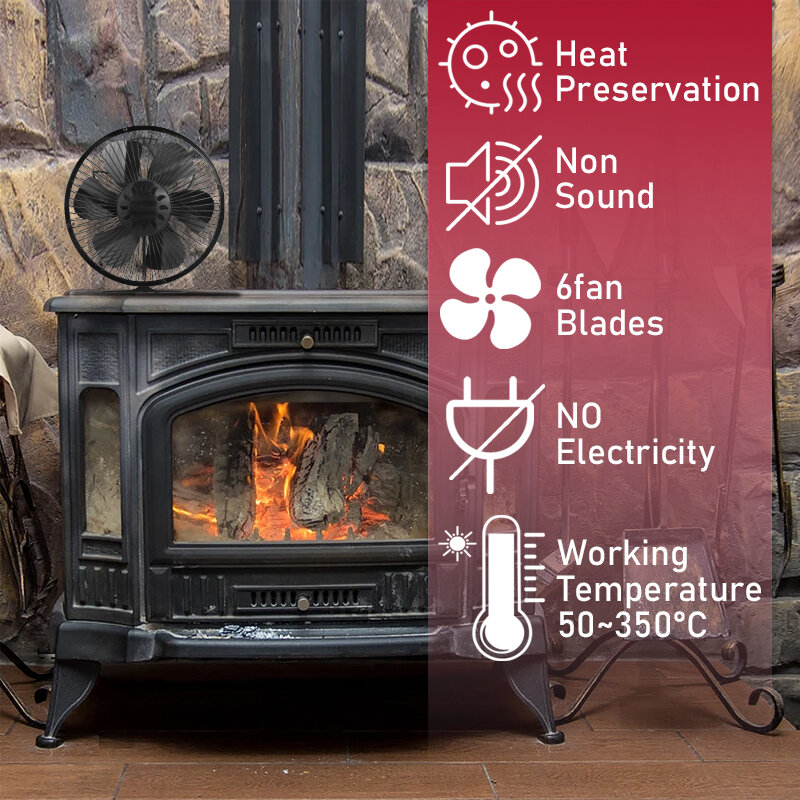 6 лезвий вентилятор для печи, работающий от тепловой энергии с крышкой, деревянная горелка, экологически тихая, большой объем воздуха, эффективное распределение тепла