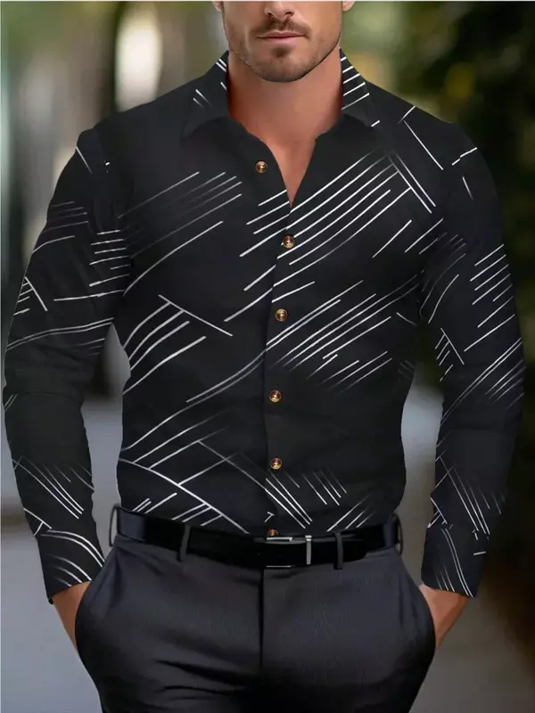 قميص رجالي مخطط مطبوع بأكمام طويلة بأزرار لأسفل ، قميص هاواي غير رسمي ، طية صدر السترة ، ملابس الشارع ،