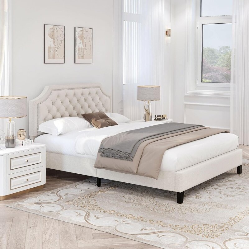 Cadre de lit en lin beige avec clous, planche de sauna, bases et cadres de lit, meubles pour enfants