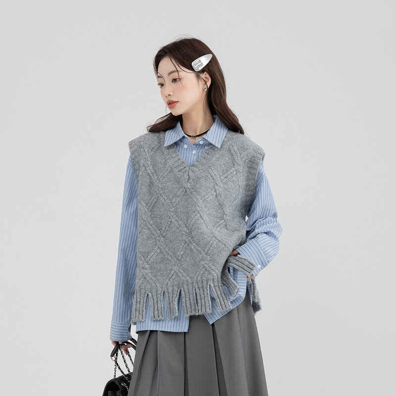 Ensemble de Pull et Chemise Bleue à Pompon pour Femme Streetwear Simple, Style Preppy Coréen, Doux, Rayé Argyle, Assressentiavec Tout