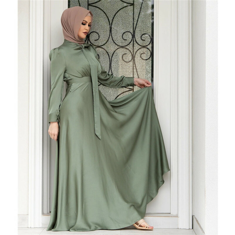 Satynowa damska muzułmańskie Abaya Ramadan długa, maksi sukienka arabska turecka islamska odzież impreza Dubai Robe Jilbab Caftan Femme Musulmane