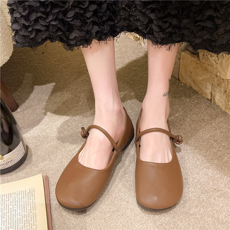 Sepatu kulit asli sol lembut kecil wanita, Kasut tunggal potongan dangkal musim semi, gaya etnik artistik buatan tangan