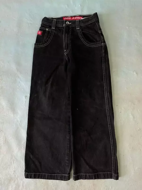 Jeans retrò americani personalizzati modello di cartone animato ricamo stampa pantaloni neri larghi coppia pantaloni a vita alta street wear