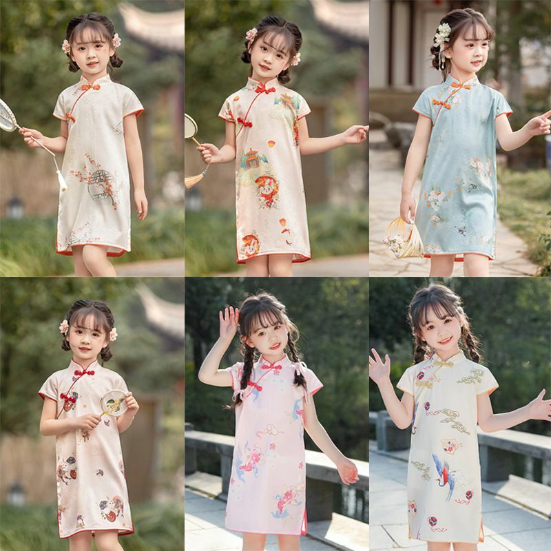 Kostum gaun peri anak perempuan, Cheongsam Hanfu Tahun Baru 2024, pakaian pesta ulang tahun harian