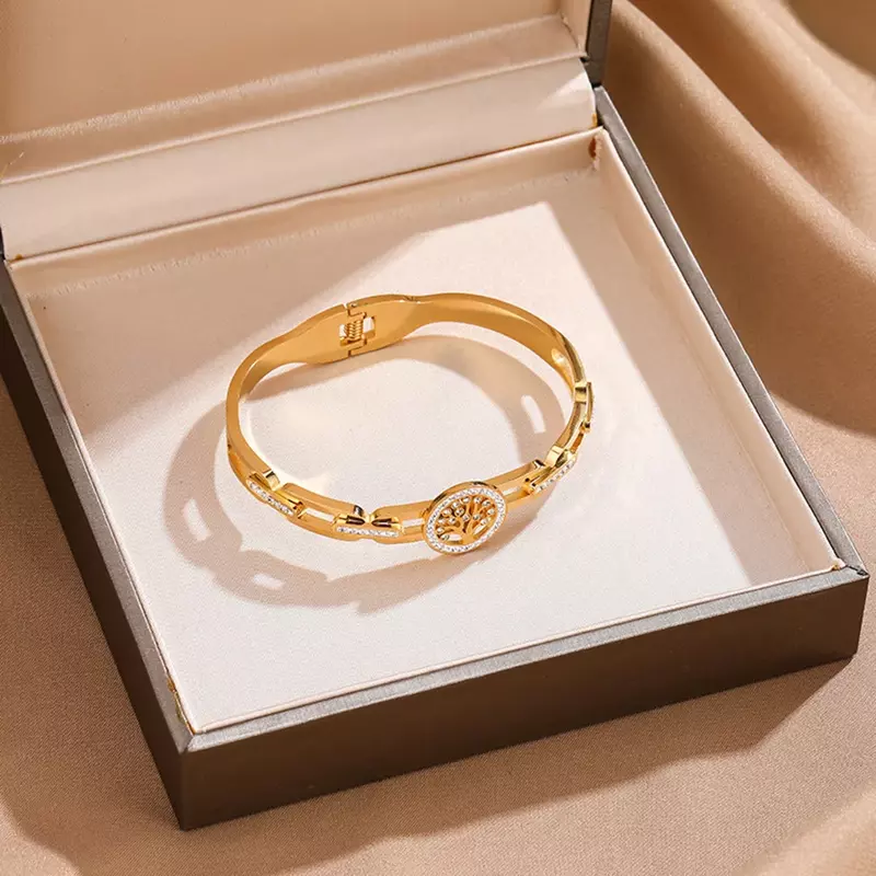 Tree of Life Stainless Steel Bangles Bracelets for Women Statement Inlay Zircon Wrist Waterproof Bracelet Fashion Jewelry