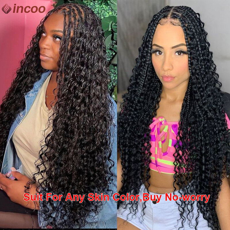 Long 32 Boho Braided Full Lace Front Wigs Synthetic Blonde Curly Goddess Locs Cornrows Wigs Pre Plucked Baby Hair Box Braids Wig