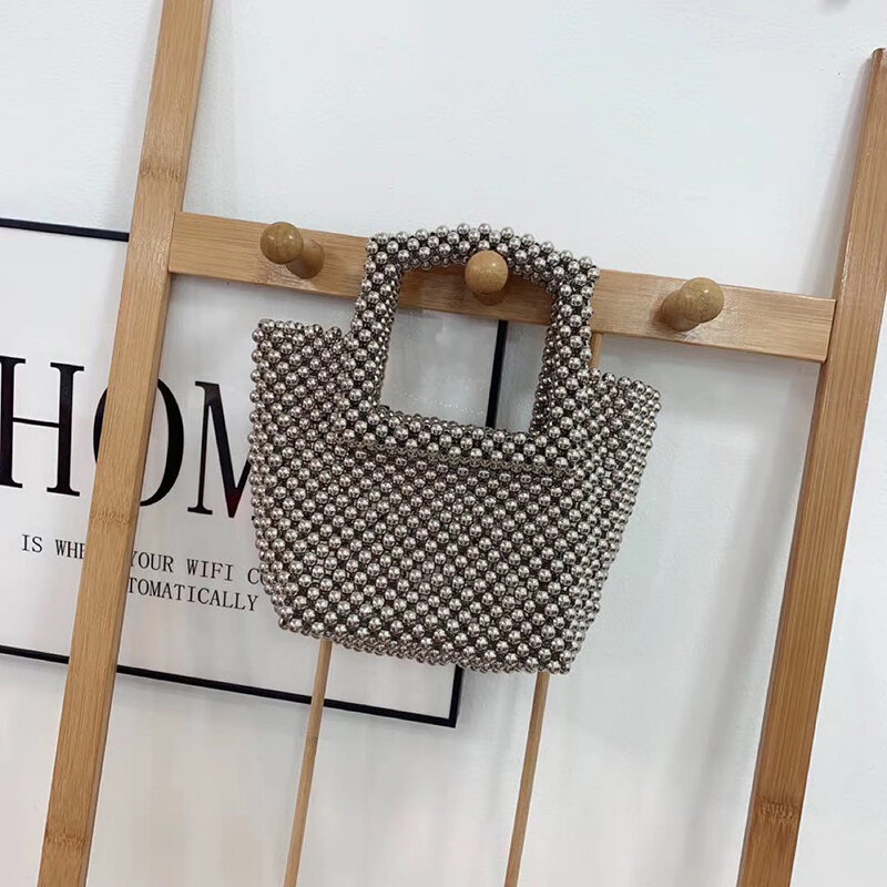 女性のための正方形の透明なハンドバッグ,パールのディテールで織られたバッグ