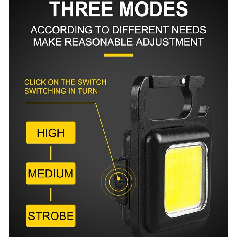 Lanterna LED COB super brilhante, bolso Keychain, impermeável Keychain, USB recarregável, acampamento ao ar livre, 1500LM, 500mAh