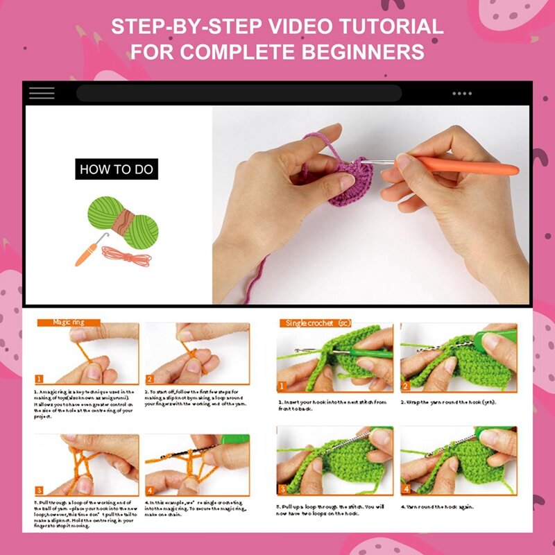 Kit de ganchillo de conejo de frutas para principiantes, tutorial de Video paso a paso, Kit de animales de ganchillo para niños y adultos, fácil de instalar