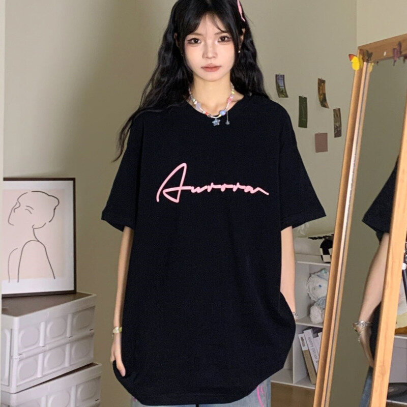 Camisetas negras de vendaje con lazo para mujer, Tops Harajuku con estampado de letras y cuello redondo, Camiseta holgada informal Coreana de manga corta, 2024