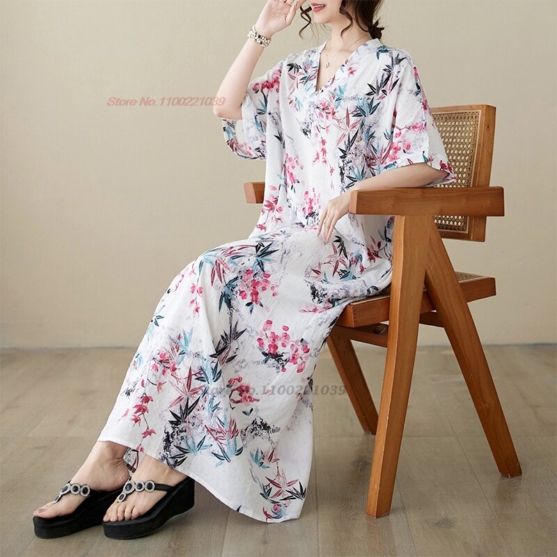 2024 chinese traditional folk dress national v-neck dress retro flower print hanfu dress oriental a-line beach bohemian dress