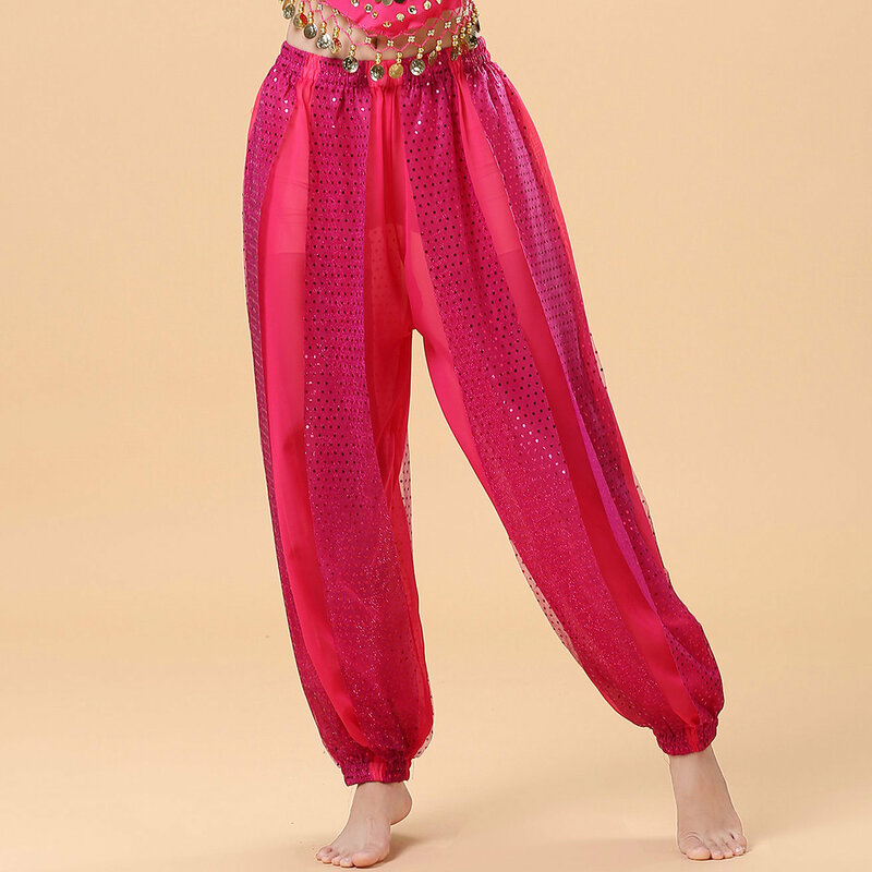 여성용 시폰 밸리 댄스 하렘 바지, 아랍어 할로윈 랜턴, 반짝이는 스팽글 바지, 멋진 블루머 바지