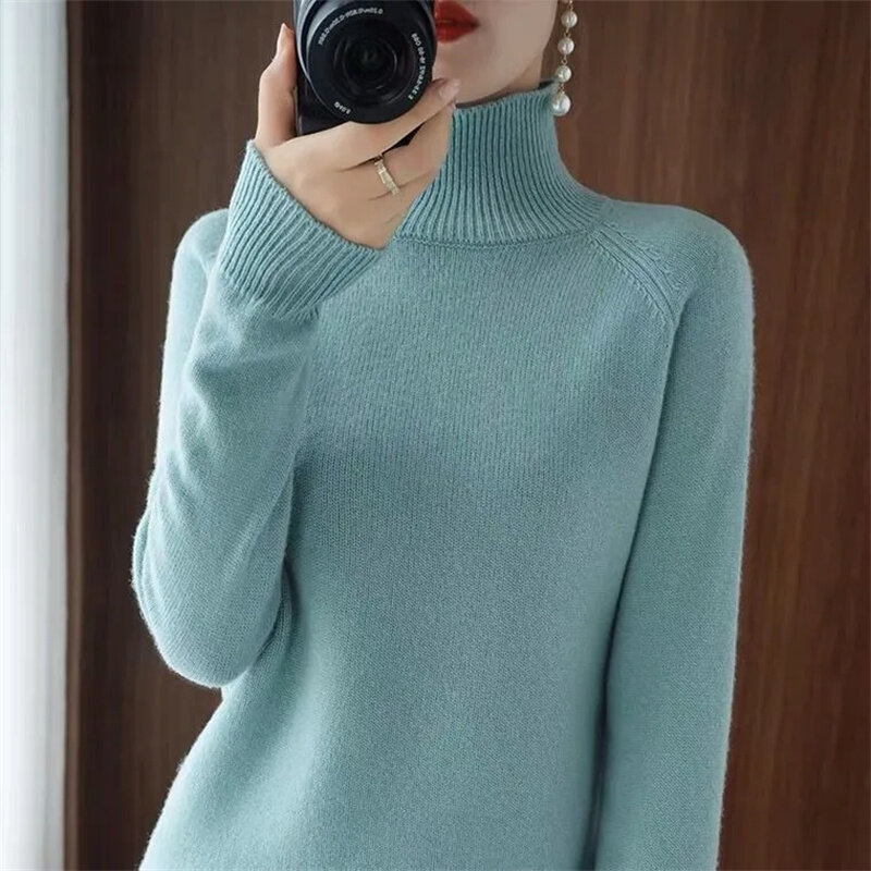 Новинка 2023, женский свитер на весну и осень, пуловер с высоким воротом, облегающий однотонный высококачественный теплый удобный вязаный джемпер на ощупь