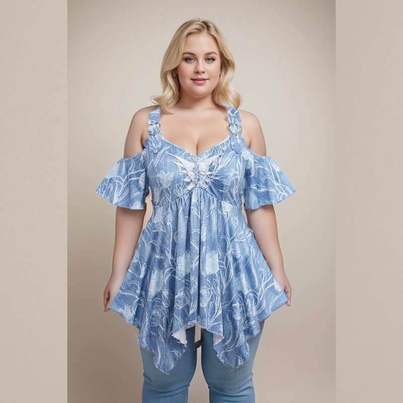 ROSEGAL Plus Size Summer Cold Shoulder Tees For Women Blue Ripped Braided Floral Printed Handkerchief Asymmetric Top T-shirts