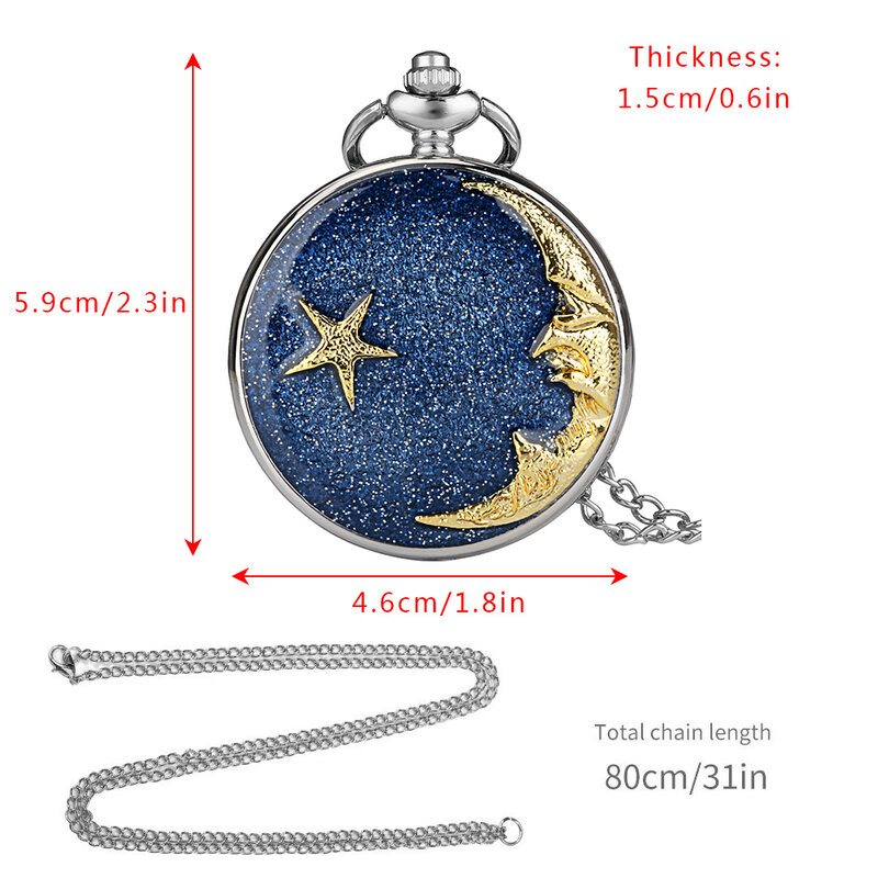 푸른 별이 빛나는 하늘 석영 포켓 시계 목걸이, 별과 달 패턴 목걸이 포켓 시계 시계 선물 릴리프 아트 디자인 펜던트