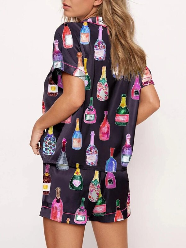 女性用半袖パジャマセット,2枚,シャンパンプリント,ボタンアップ,シャツとショーツ,家庭用衣類,夏