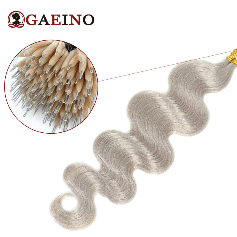 Body Wave Nano Ring Hair Extensions, 100% Cabelo Humano Real, Cápsula de Queratina Cinza, Microring Beads, 12-26in