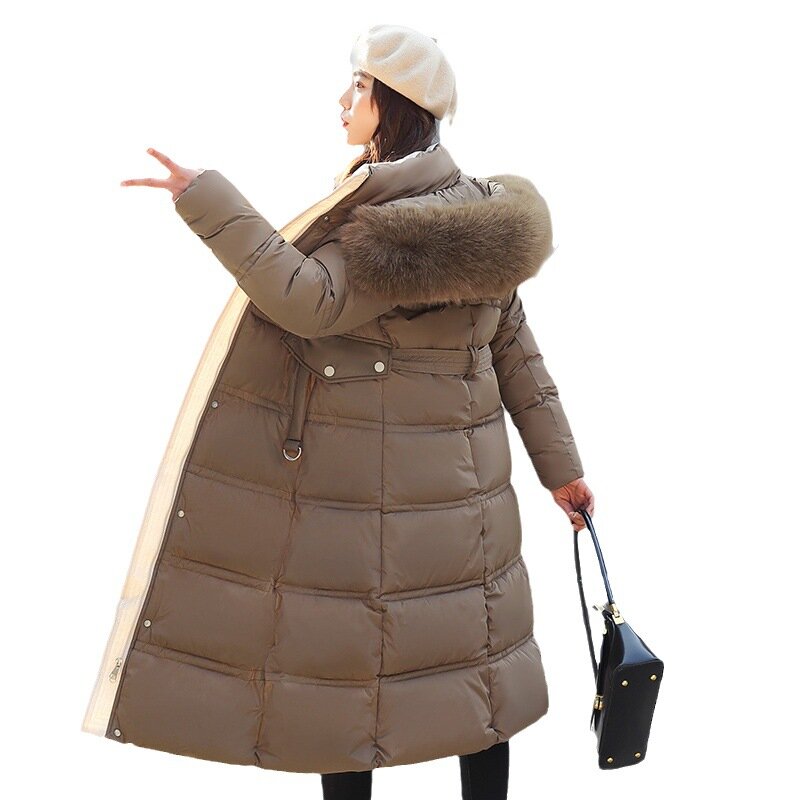 女性用フード付きロングコットンジャケット,韓国のルーズフィットジャケット,パッド入りオーバーコート,厚手の暖かい毛皮の襟,防風コート,冬