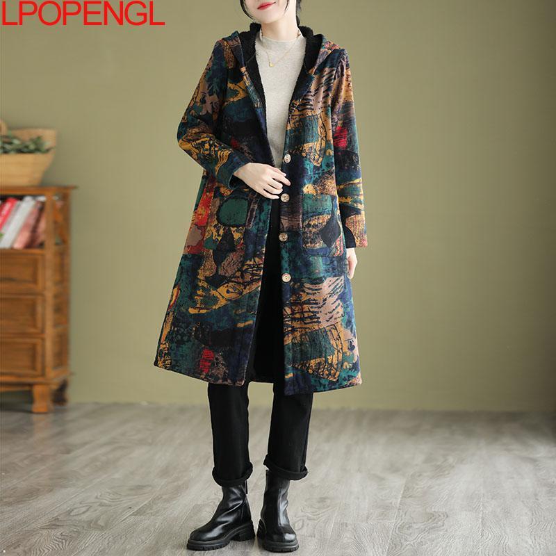Женское утепленное пальто в этническом стиле, однобортное флисовое пальто средней длины с капюшоном и широкой талией, свободного покроя, с рукавами до локтя, Осень-зима