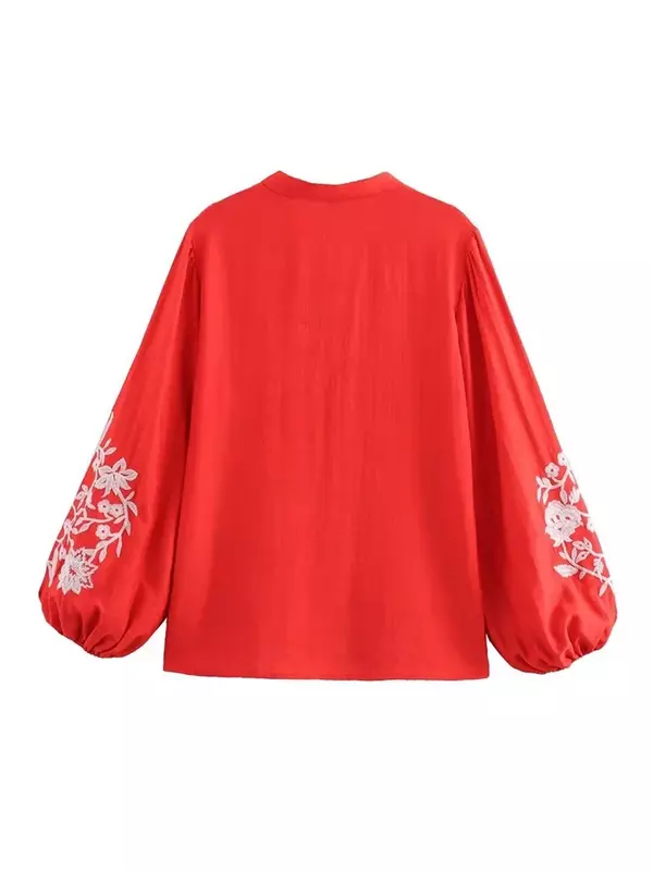 Camisa bordada de peito único para mulheres, streetwear casual solto, decote em v, manga comprida lanterna, blusa vermelha para senhoras, nova, verão, 2024