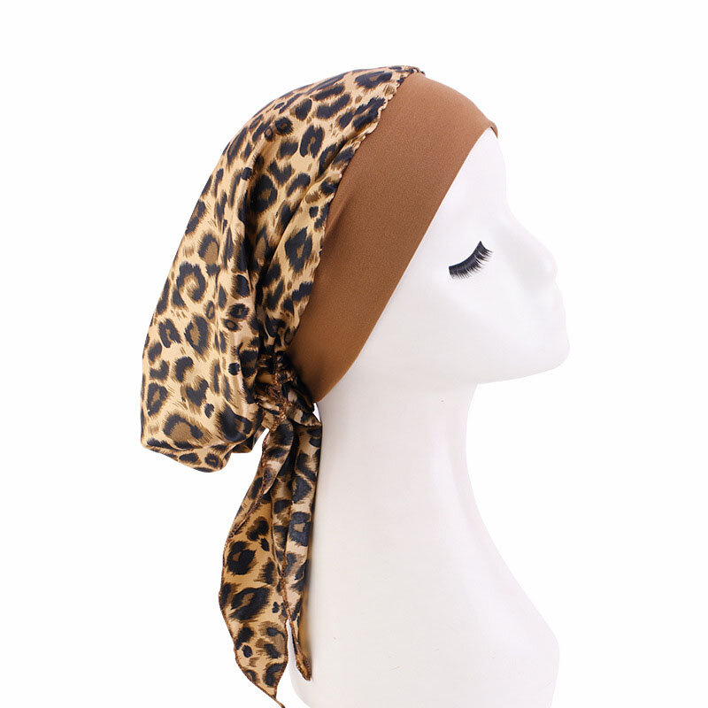Satin Women Printed Pre-Tied Headscarf Elastic Muslim Turban Cancer Chemo Sleep Hat Hair Care Cover Head Wrap Headwear Bandana