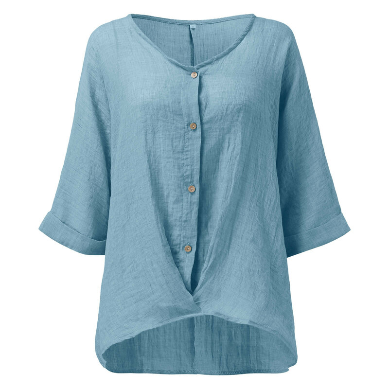 Camisas de algodón y lino para mujer, blusa informal holgada de manga corta con botones y cuello en V, Tops cómodos de Color sólido para verano