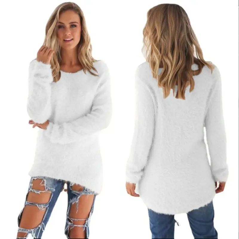 Suéter largo de punto de algodón suelto para mujer, suéter cálido de Color sólido con cuello redondo, blusa informal de gran tamaño, ropa Hipster para mujer