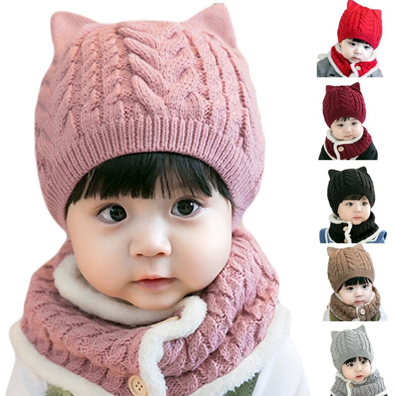 الرضع طفل أطفال الشتاء 2 قطع قبعة صغيرة مع زر دائرة طقم أربطة عنق لطيف الكرتون لآذان القط كابل متماسكة قبعة الجمجمة سميكة