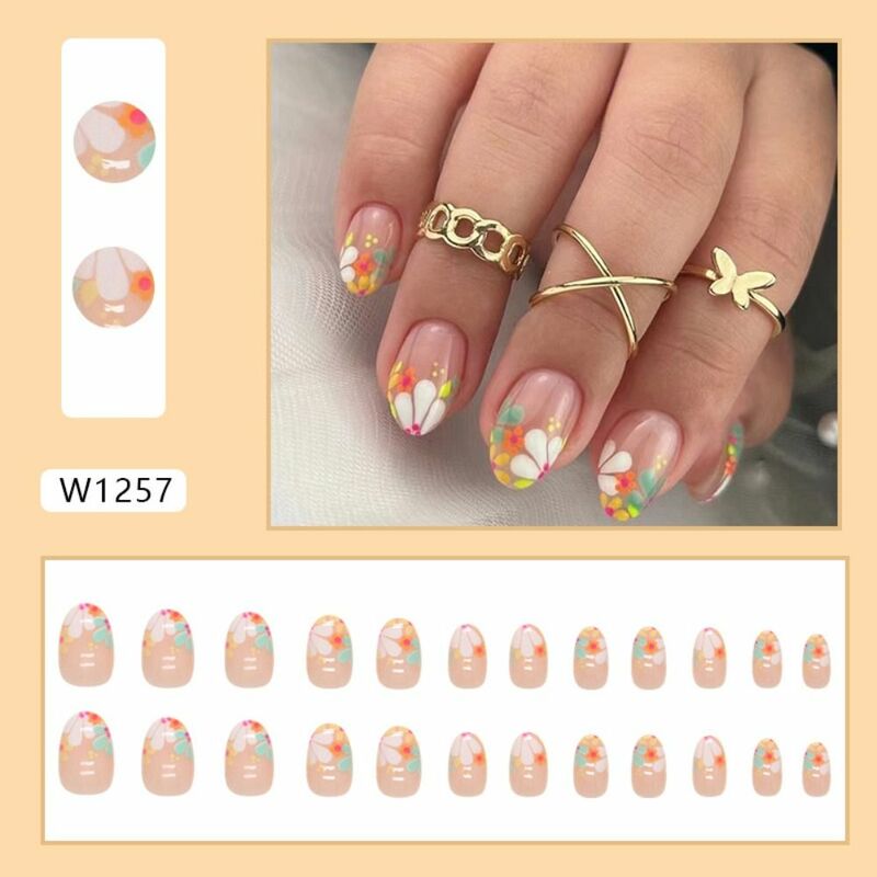 24pcs Oval False Nails Colorful Flower Press on Nails Fake Nails DIY Manicure Detachable Nail Tips French Ballet nails